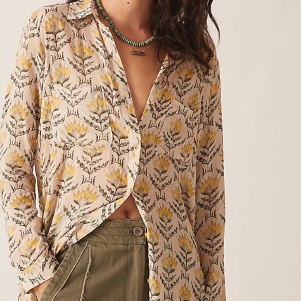 Pilcro Anthropologie Floral Block Print Button Down Blouse Yellow Green Medium